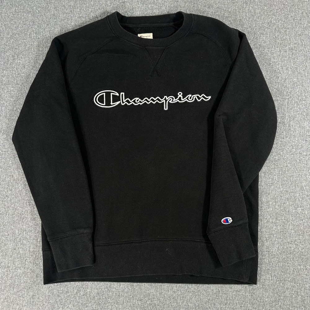 Champion Mens Script Logo Crewneck Sweatshirt Black Fleece Pullover Medium M